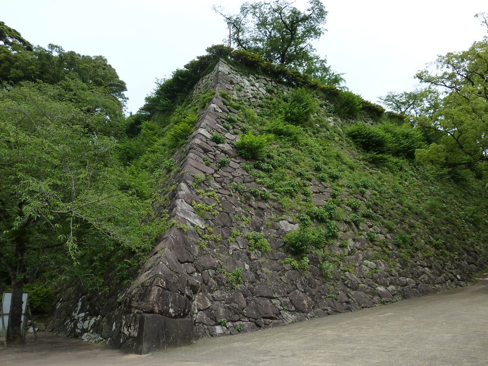 延岡城跡・城山公園 高石垣が鋭角にせり出す延岡城跡の石垣全景
