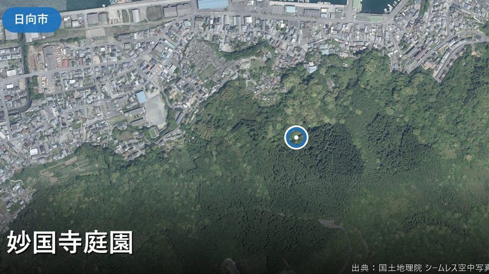 妙国寺庭園周辺(日向市細島)の空中写真