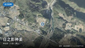 日之影神楽の神楽まつりが開かれる神楽殿(日之影町七折)付近の空中写真