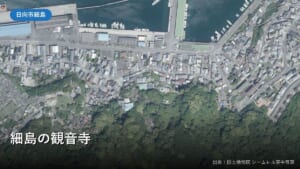 細島の町並みと米ノ山のふもと付近の空中写真