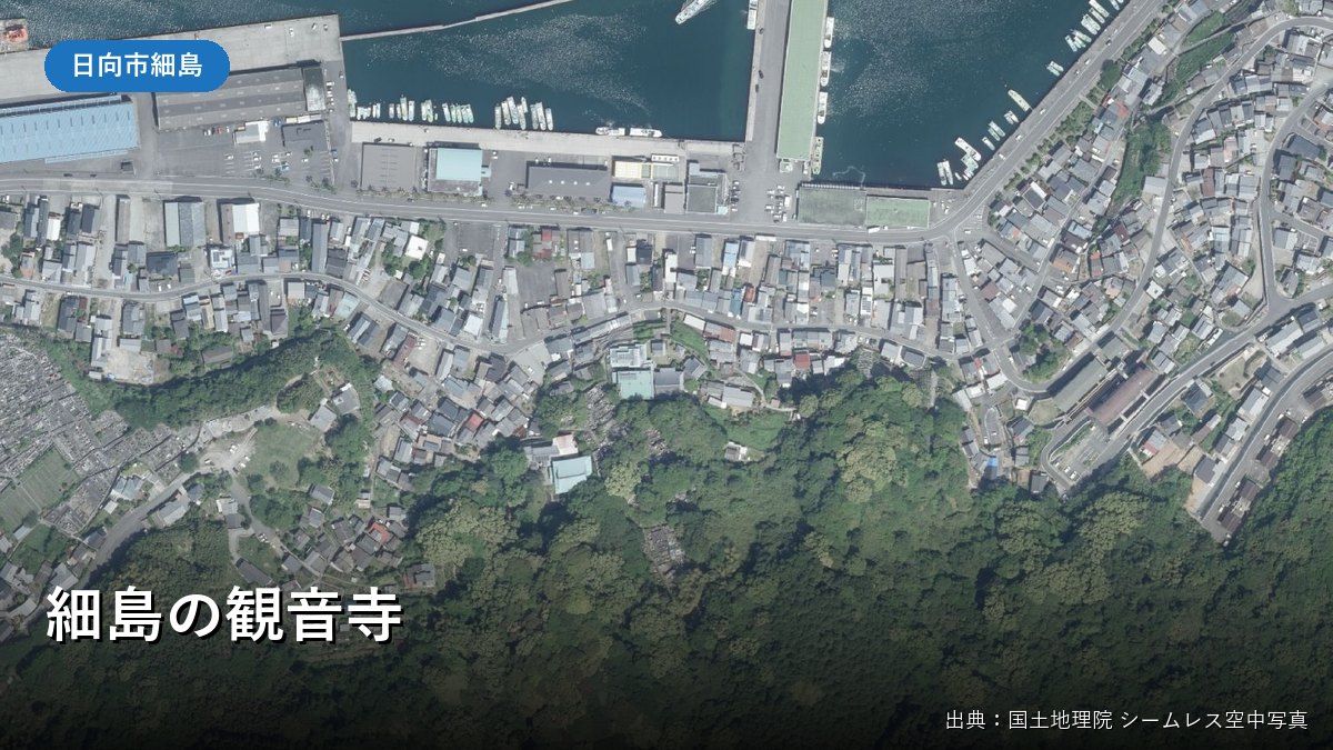 細島の町並みと米ノ山のふもと付近の空中写真