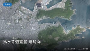 細島港と日向岬の空中写真（馬ヶ背遊覧船 飛島丸）