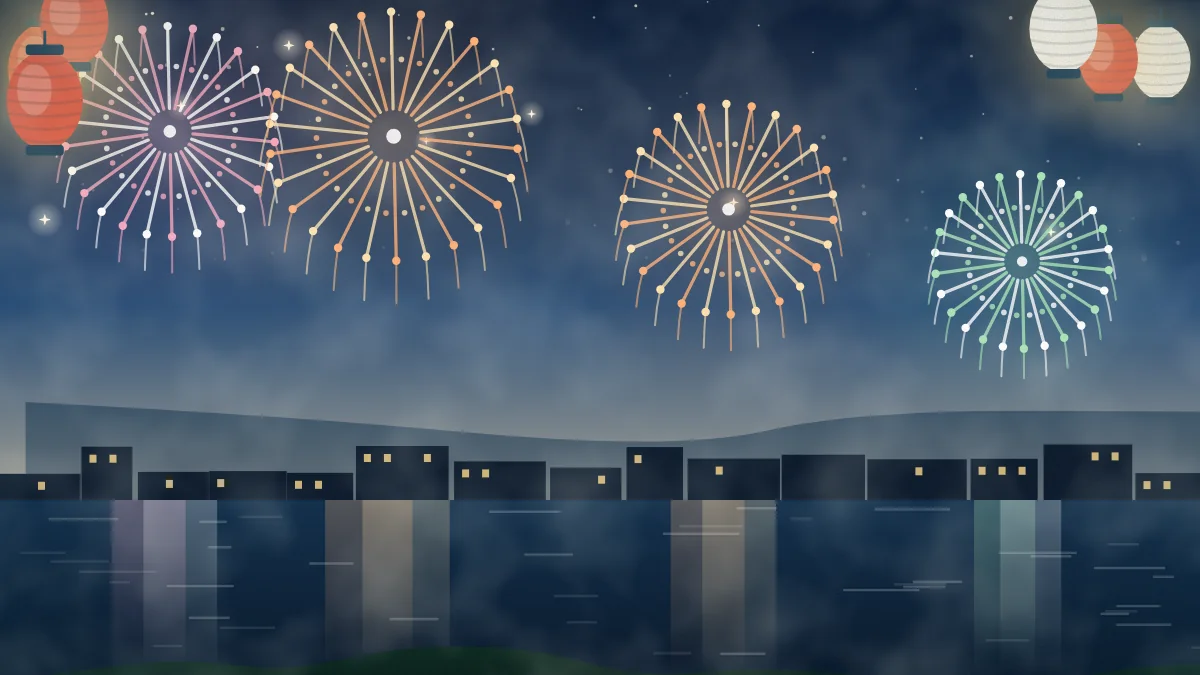 夜空に上がる花火と提灯のイメージイラスト