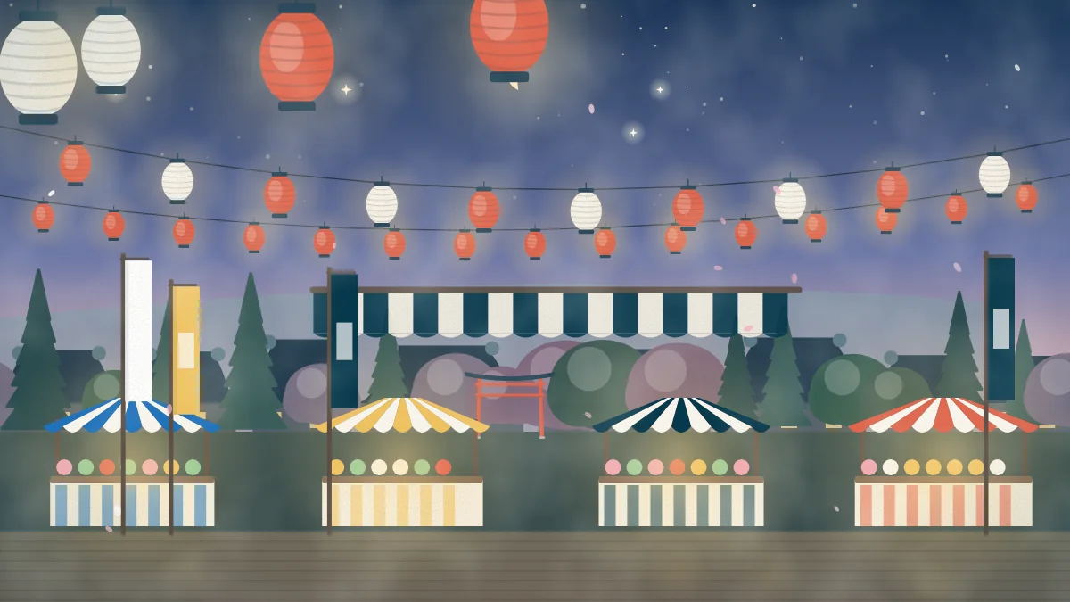提灯と屋台が並ぶ祭りのイメージイラスト