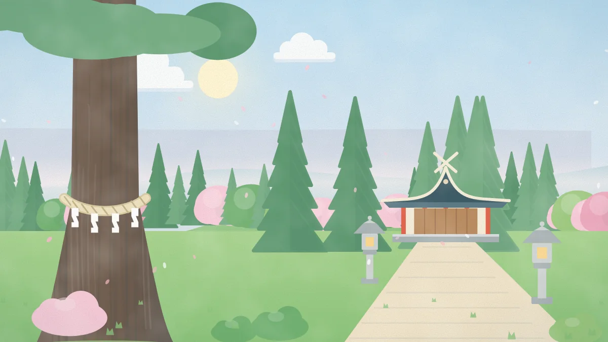 しめ縄を巻いた大木と小さな社殿を描いたイメージイラスト