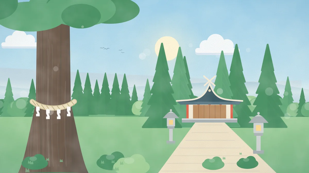 しめ縄を巻いた大木と小さな社殿を描いたイメージイラスト