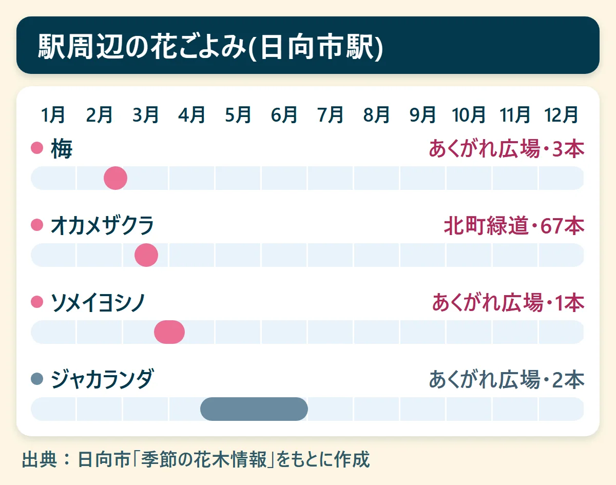 駅周辺の花ごよみ(日向市駅)：梅（あくがれ広場・3本）、オカメザクラ（北町緑道・67本）、ソメイヨシノ（あくがれ広場・1本）、ジャカランダ（あくがれ広場・2本）を、1月から12月の帯で示した図