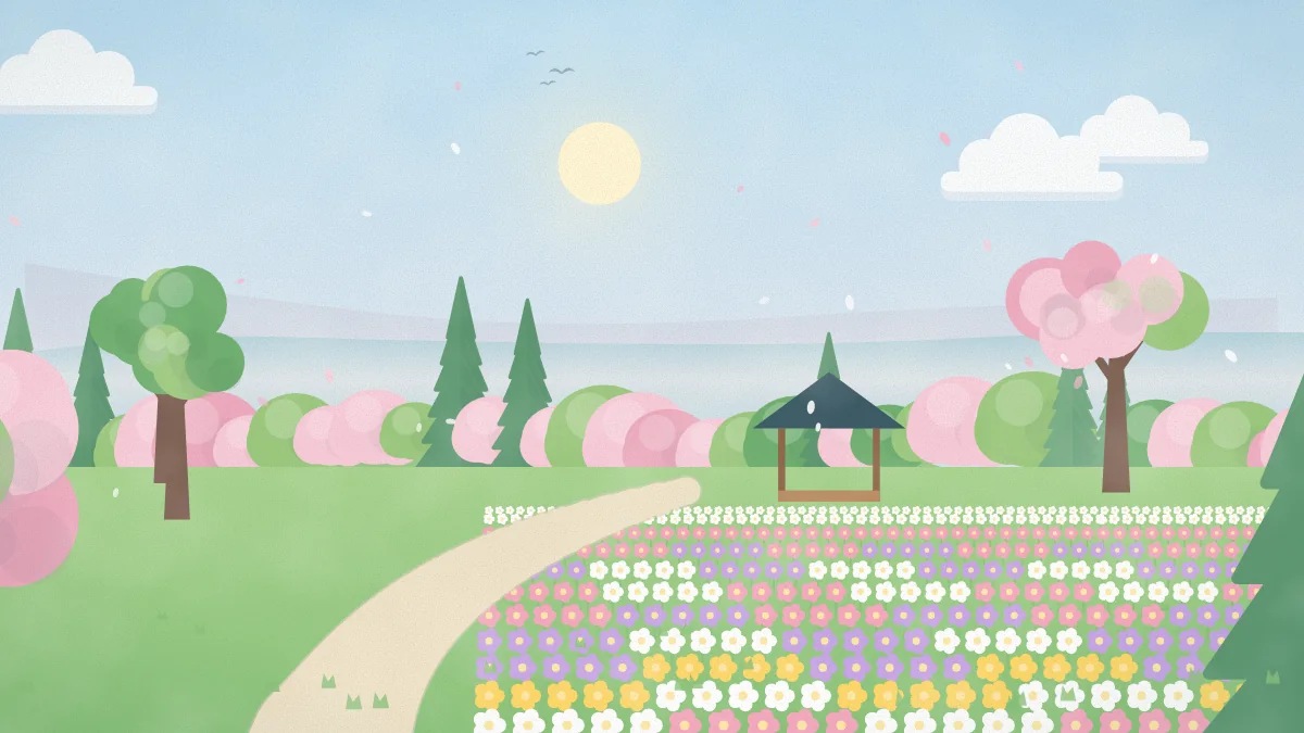 桜と花壇のある公園のイメージイラスト