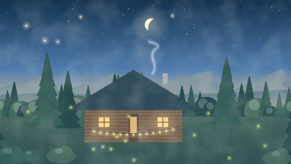 星空の下の丸太小屋（バンガロー）のイメージイラスト