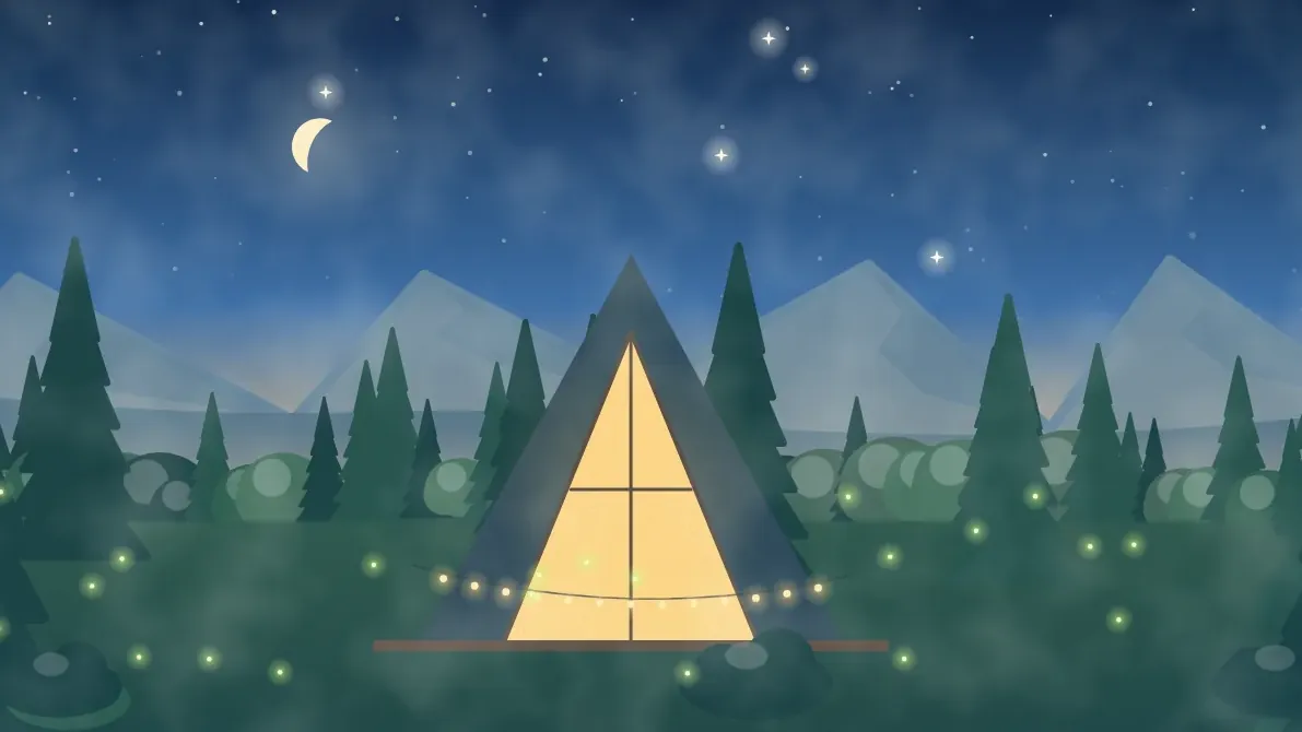 星空の下に明かりがともるAフレームの小屋のイメージイラスト