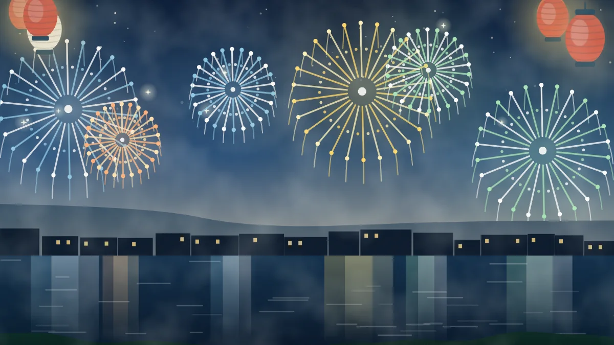 夜空に打ち上がる花火と提灯のイメージイラスト