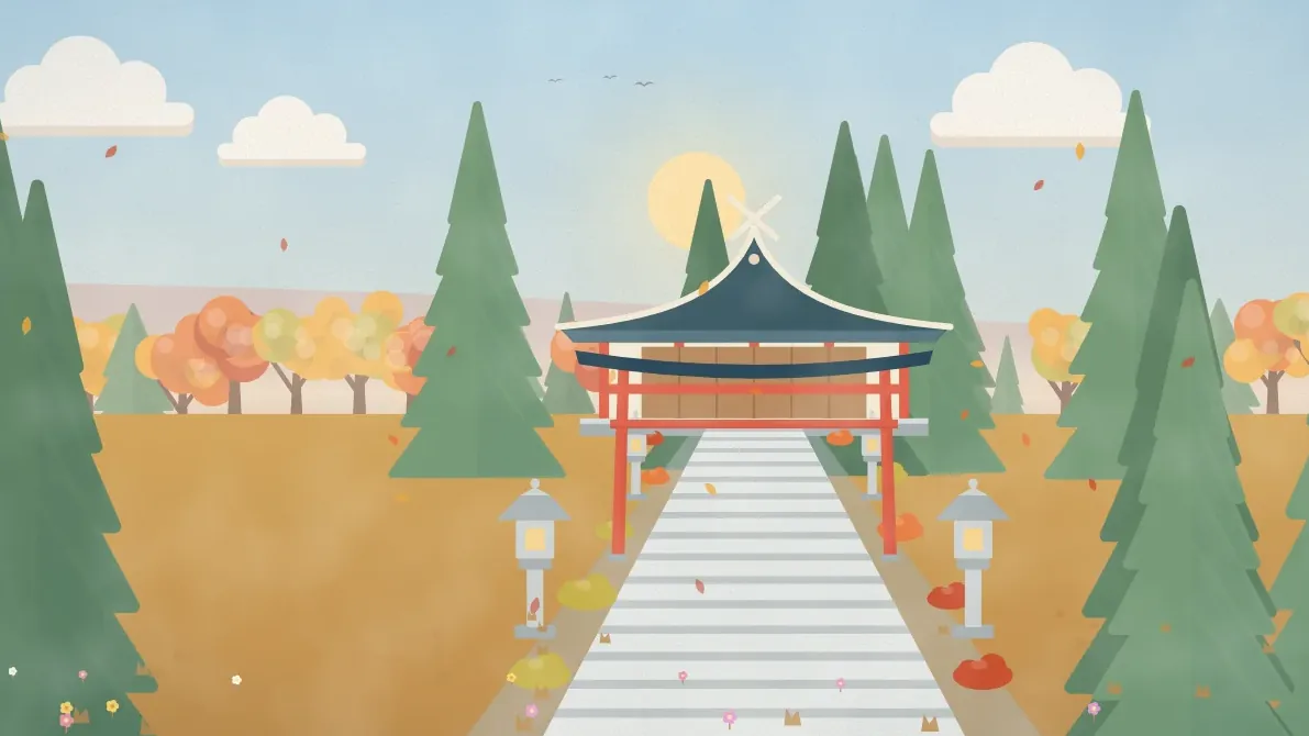 紅葉の季節の神社の石段と鳥居のイメージイラスト