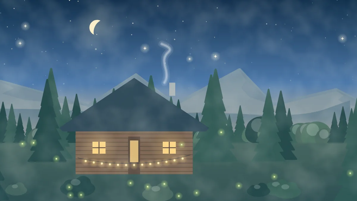 星空の下、窓に灯りのともる木造の宿のイメージイラスト