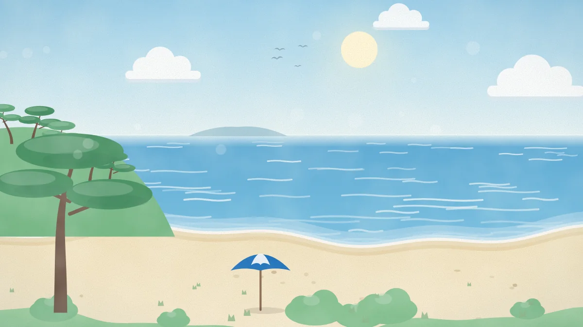 松の木と白い砂浜、穏やかな海が広がる海辺のイメージイラスト