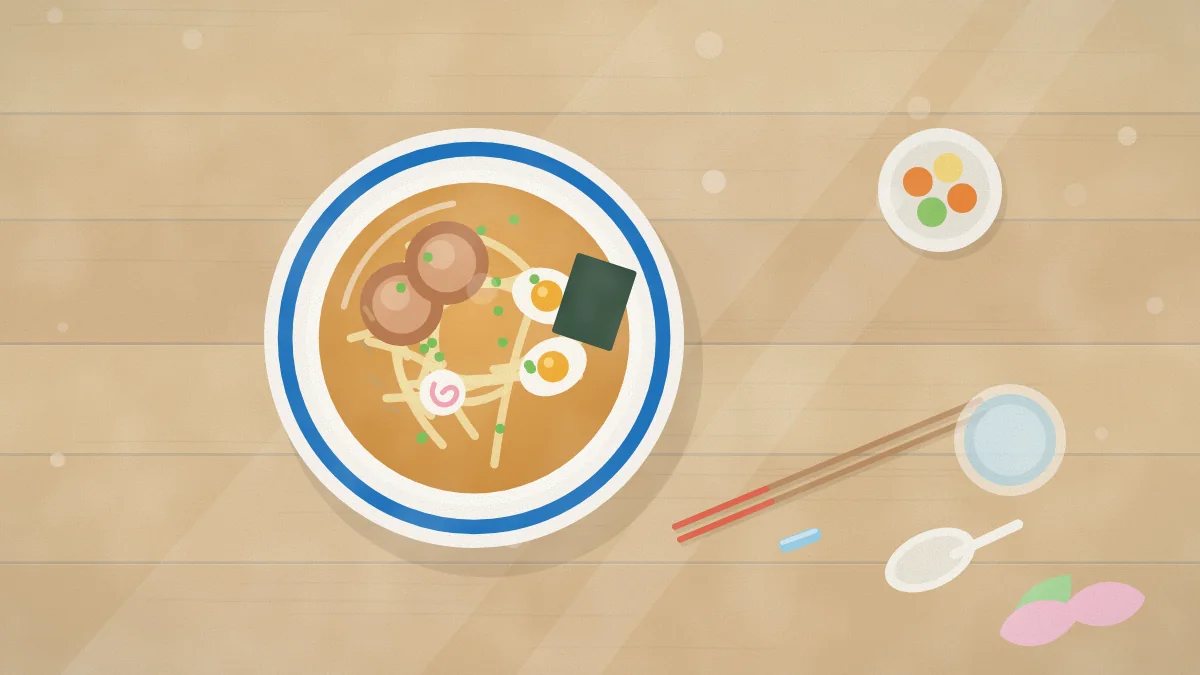 木目のテーブルに置かれたラーメンのどんぶりと箸のイメージイラスト