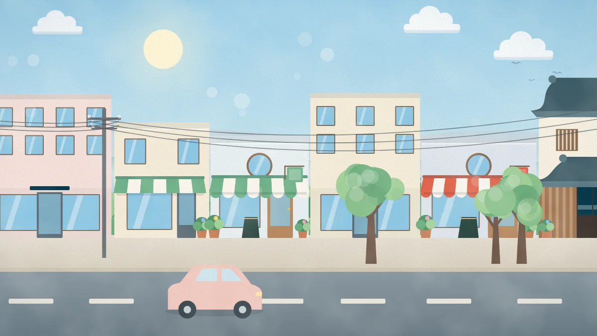 電柱と商店が並ぶ通りのイメージイラスト