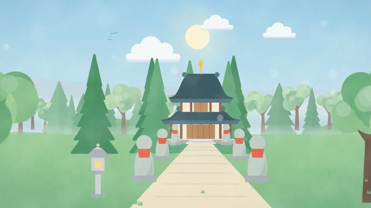 参道の先のお堂と、赤いよだれかけのお地蔵さまのイメージイラスト
