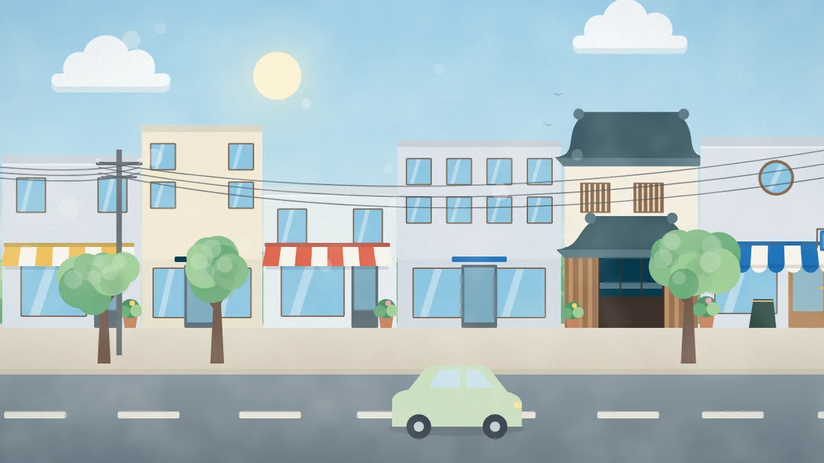 国道沿いに商店が並ぶ通りのイメージイラスト