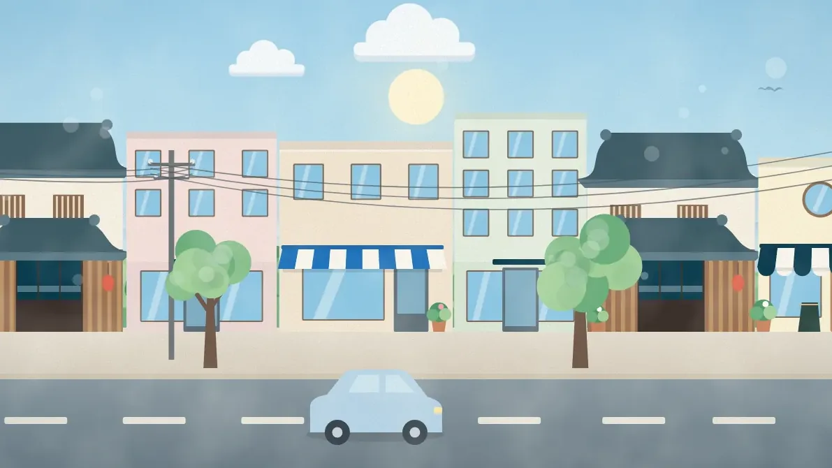 商店や事業所が並ぶ通りと一台の車のイメージイラスト