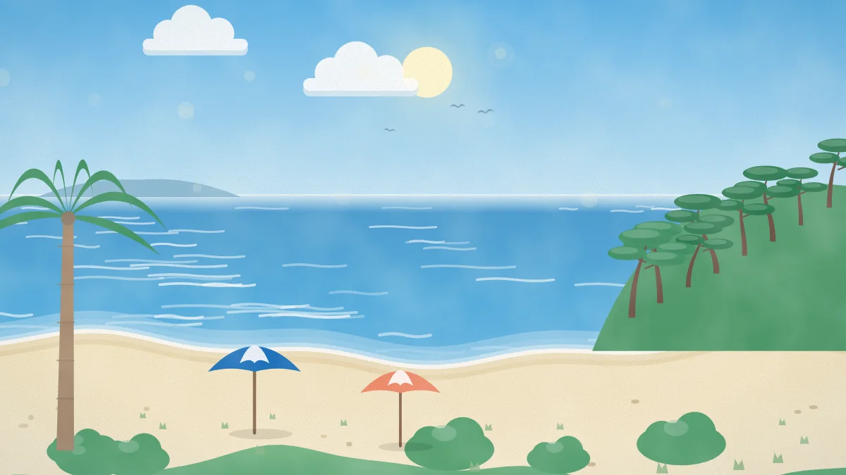 白い砂浜とパラソル、青い海が広がる海辺のイメージイラスト
