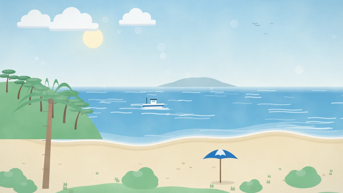 白い砂浜と青い海、パラソルのある海辺のイメージイラスト