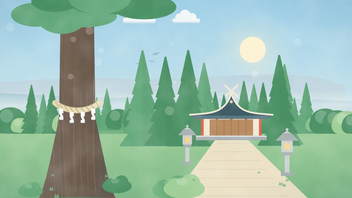しめ縄の巻かれた御神木と小さな社殿のある神社のイメージイラスト