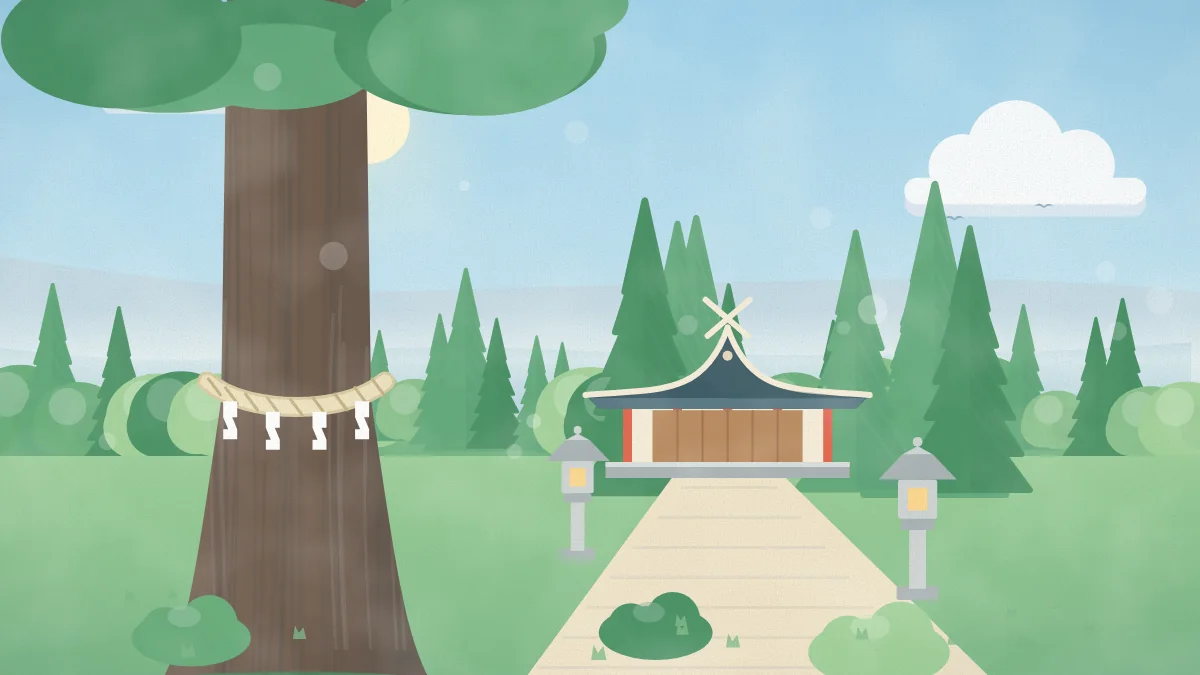 しめ縄を巻いた大木と小さな社殿のイメージイラスト