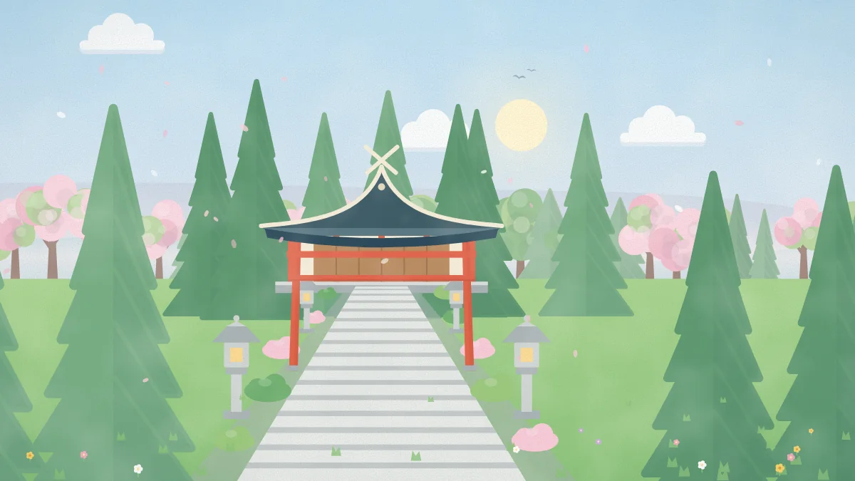 春の神社の社殿と参道のイメージイラスト