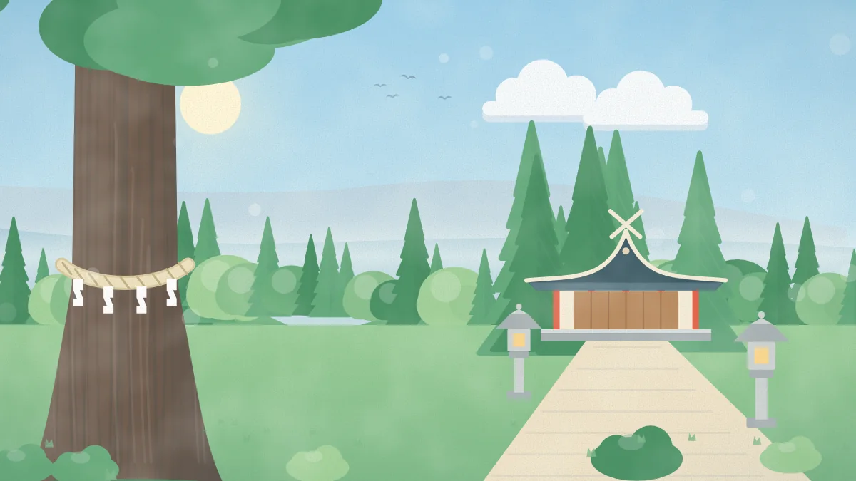 しめ縄を巻いた大木と小さな社殿のイメージイラスト