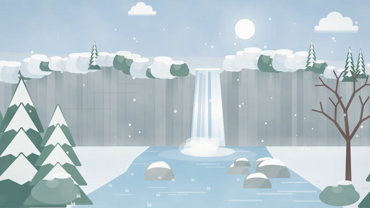雪景色の中を流れ落ちる滝のイメージイラスト