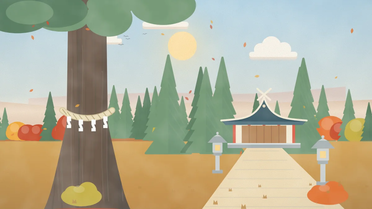 秋の大木と小さな社殿のイメージイラスト