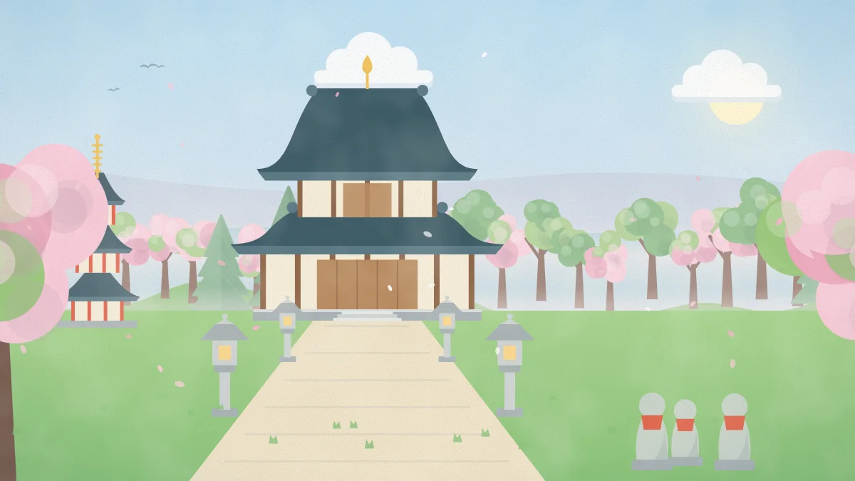 春のお寺の本堂のイメージイラスト