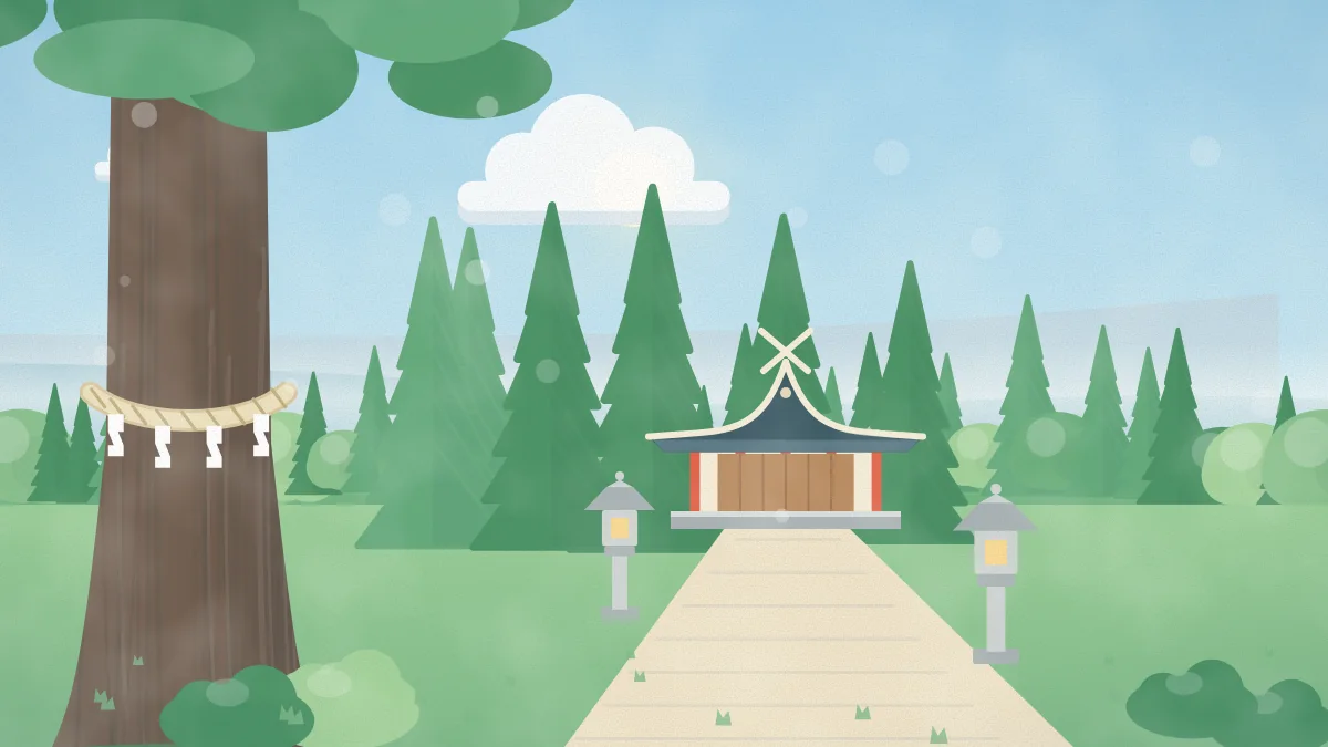 杉木立の中にたたずむ神社と御神木のイメージイラスト