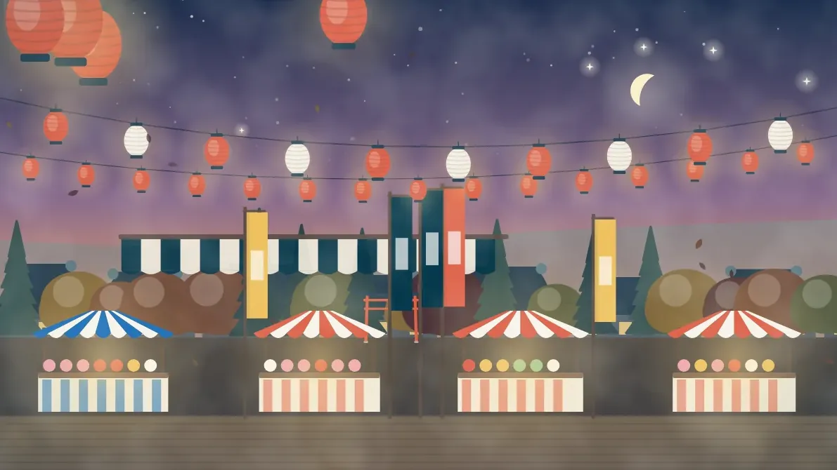 提灯とのぼり旗、屋台が並ぶ秋の祭りのイメージイラスト