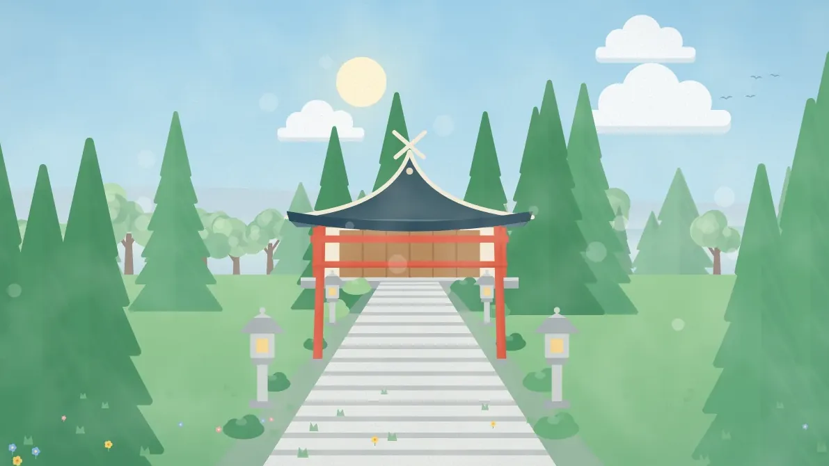 石段の先に鳥居と社殿が見える、杉木立の神社のイメージイラスト