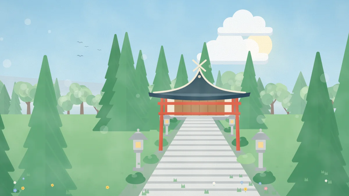 石段の先に鳥居と社殿が見える、杉木立の神社のイメージイラスト