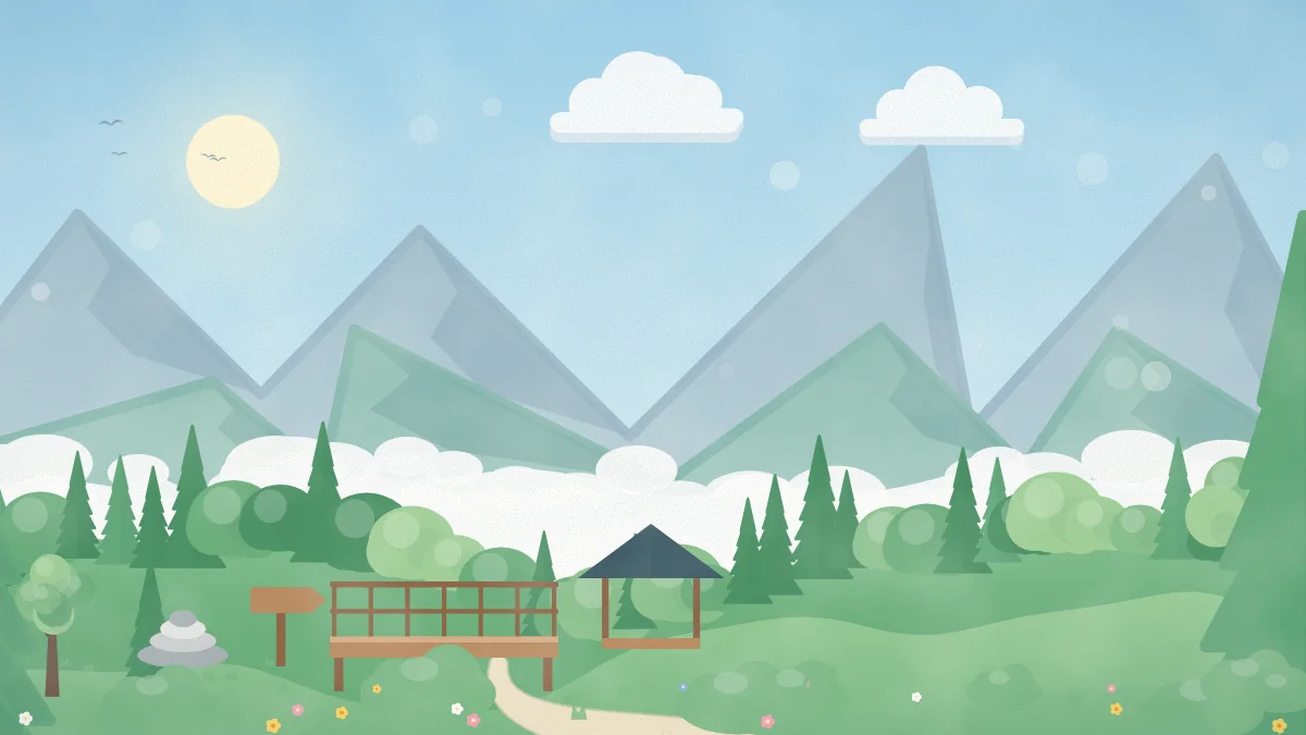 雲海に浮かぶ山並みと、東屋・展望デッキのある丘のイメージイラスト