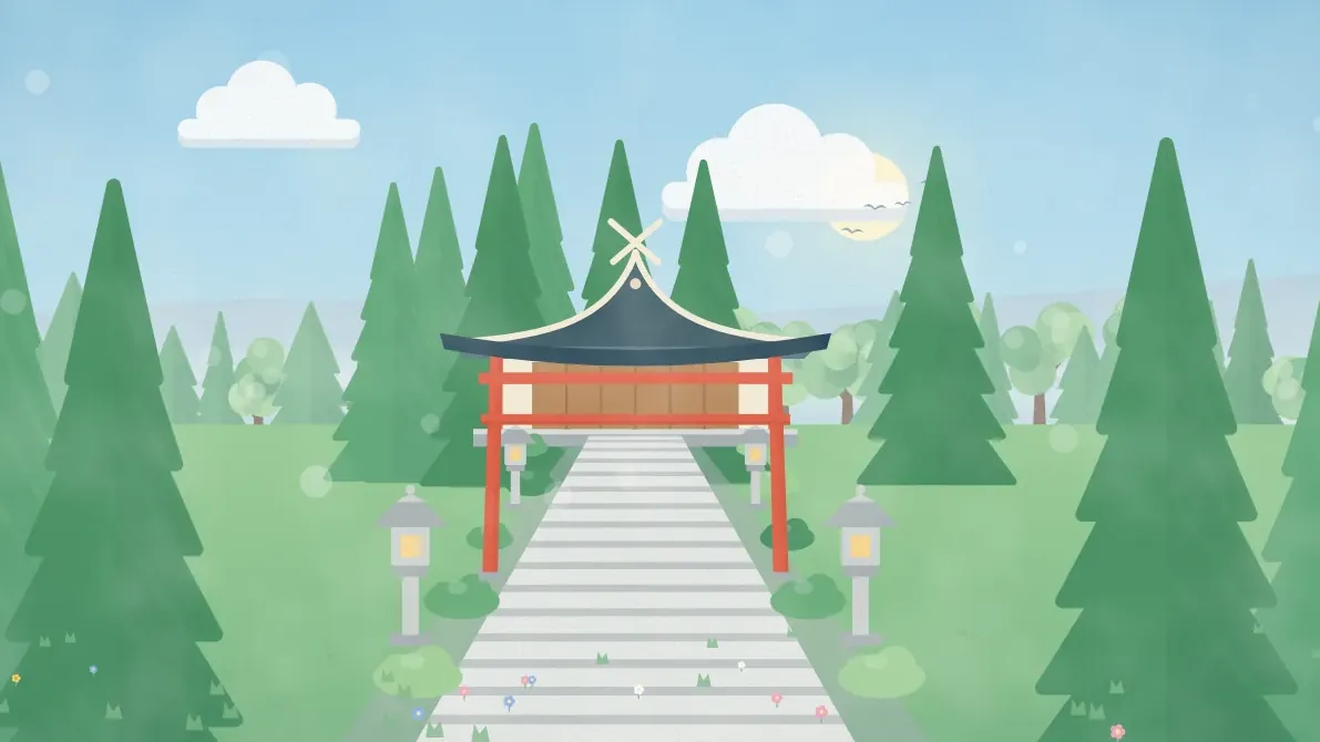 石段の先に鳥居と社殿が見える、杉木立の神社のイメージイラスト