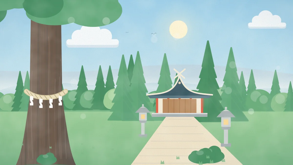 しめ縄を巻いた大木と小さな社殿のイメージイラスト