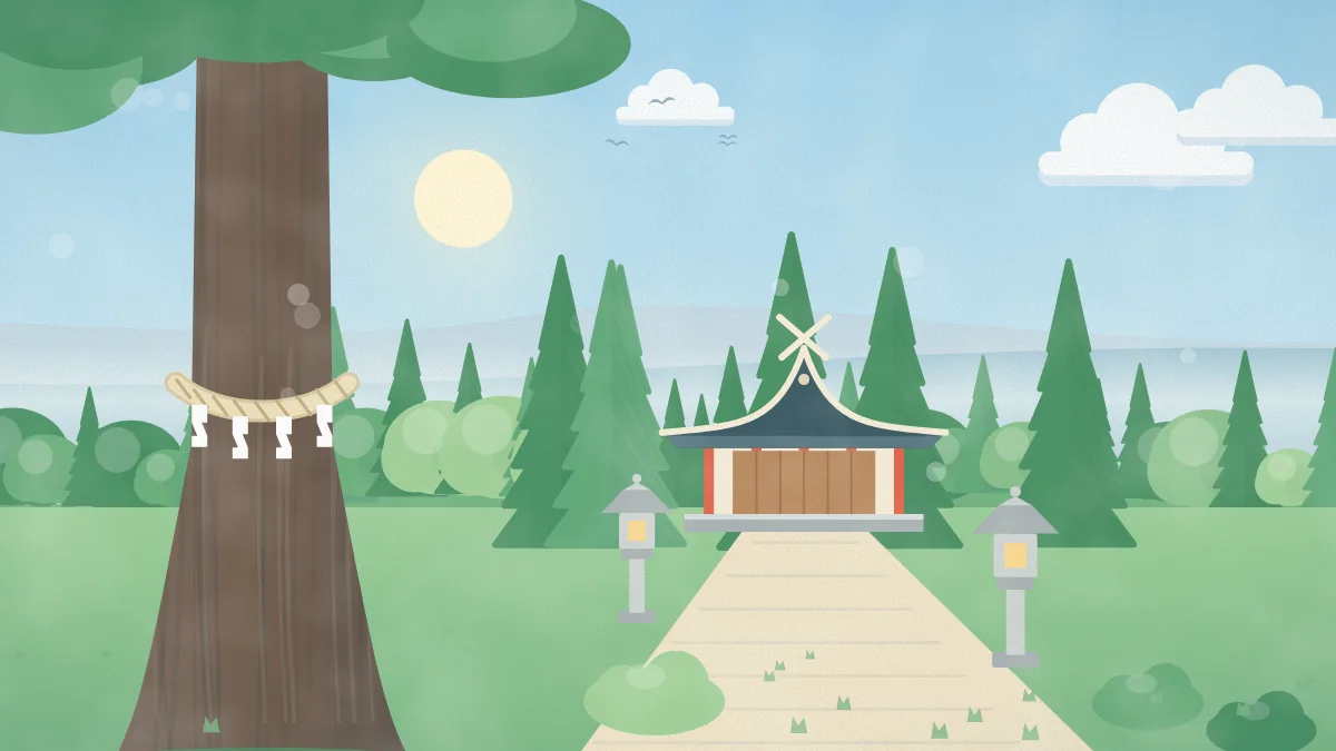 しめ縄を巻いた大木と小さな社殿のイメージイラスト
