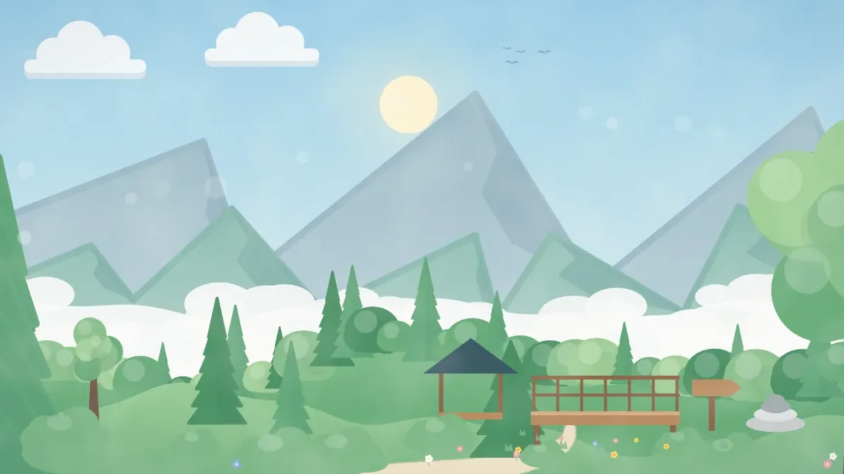 山並みと雲海、展望デッキのある山頂のイメージイラスト