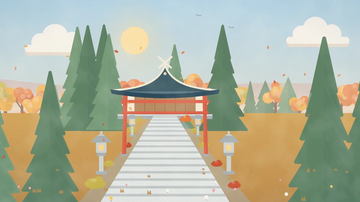 紅葉の木々に囲まれた石段の参道と鳥居、社殿のイメージイラスト
