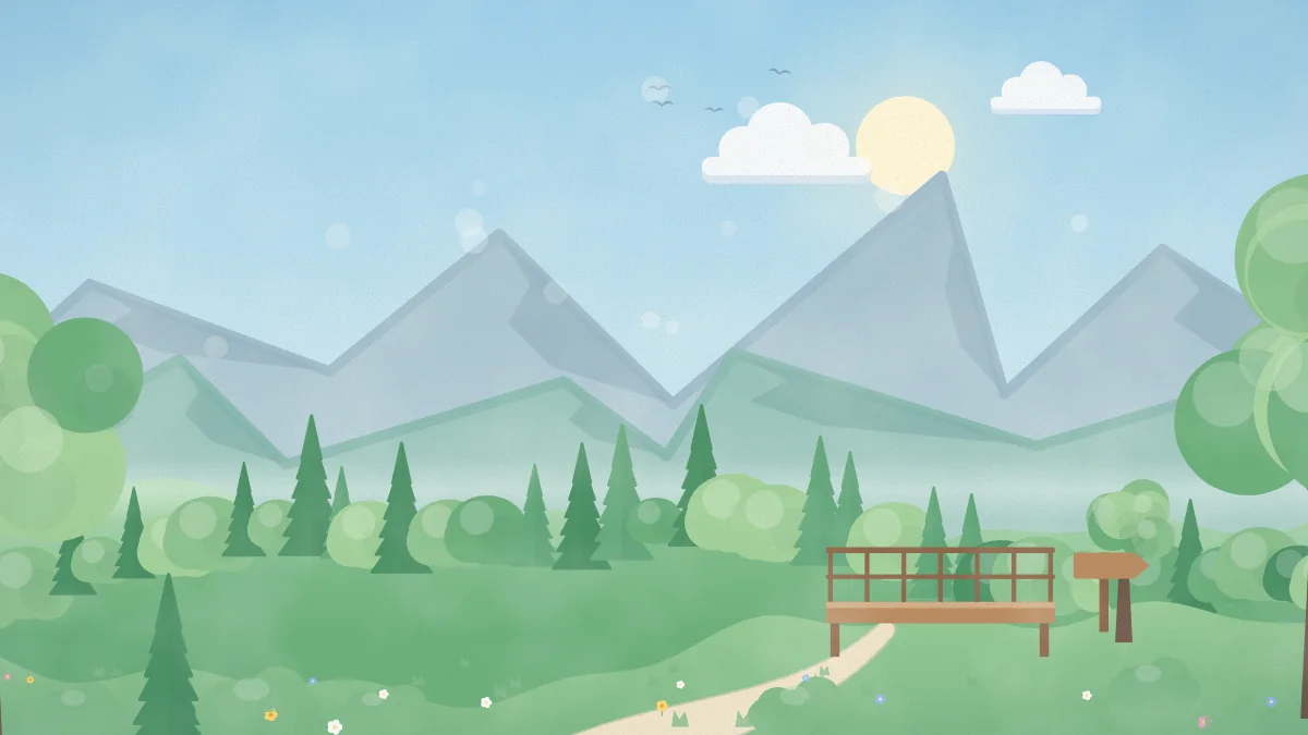 山並みと小道、展望デッキのある山あいのイメージイラスト
