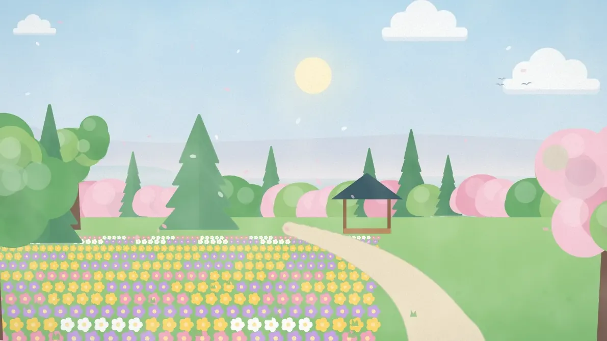 色とりどりの花畑と小道、桜色の木々が並ぶ春のイメージイラスト