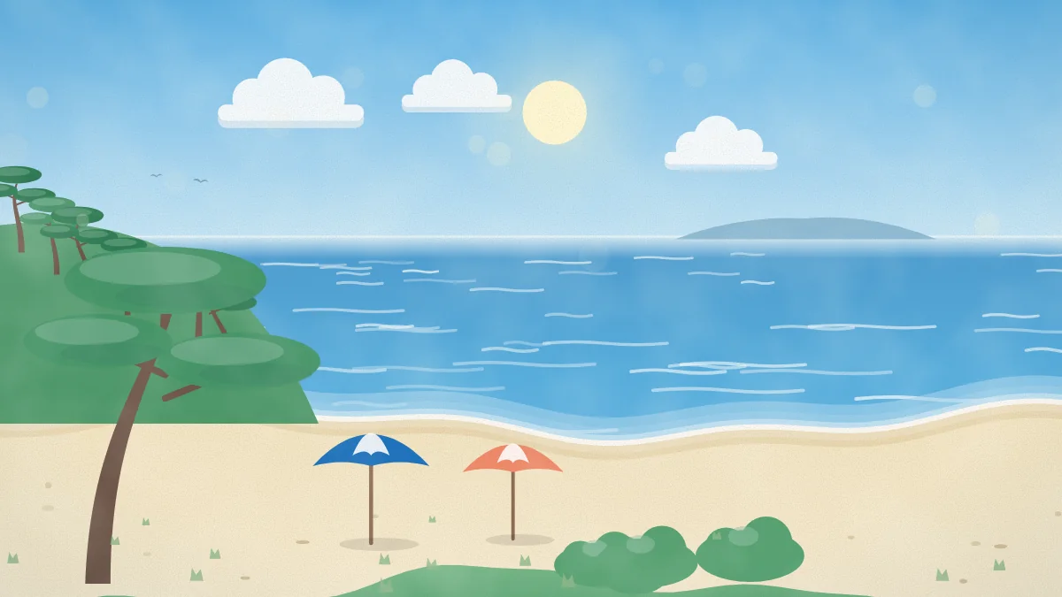 青い海と白い砂浜、松の木とパラソルのある夏のビーチのイメージイラスト