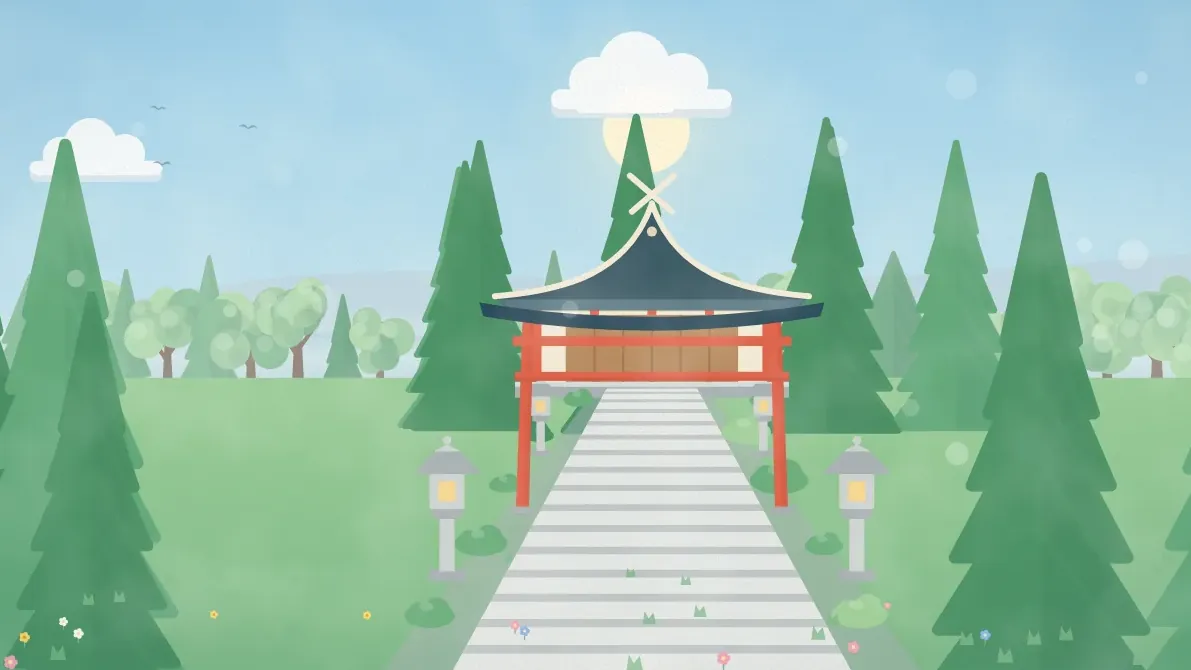 木々に囲まれた石段の参道と鳥居、社殿のイメージイラスト
