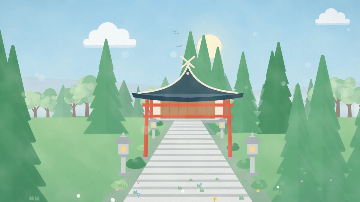 木々に囲まれた石段の参道と鳥居、社殿のイメージイラスト