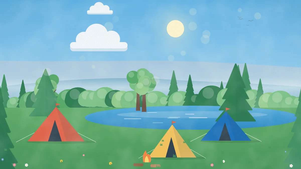 水辺のほとりにテントが並ぶキャンプ場のイメージイラスト