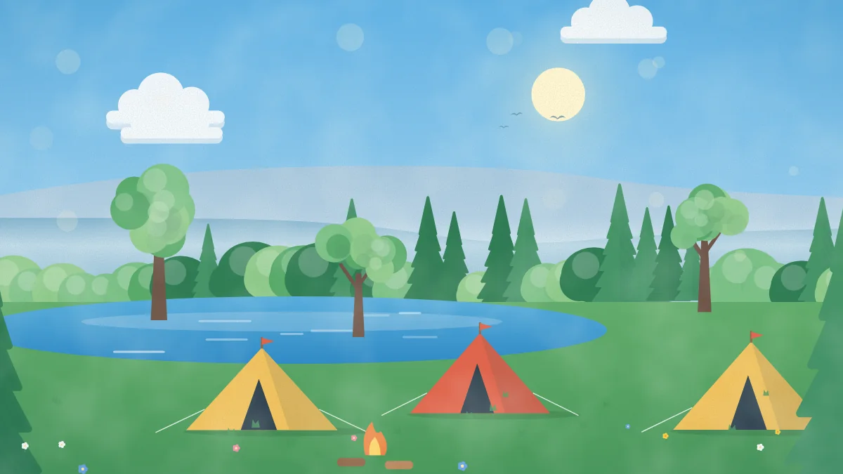 水辺のほとりにテントが並ぶキャンプ場のイメージイラスト