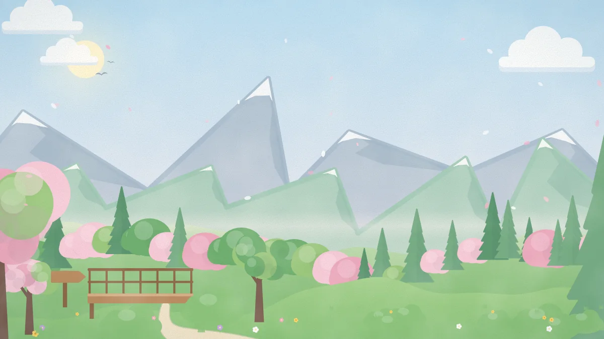 山桜が咲く山並みと、登山道・展望デッキのイメージイラスト